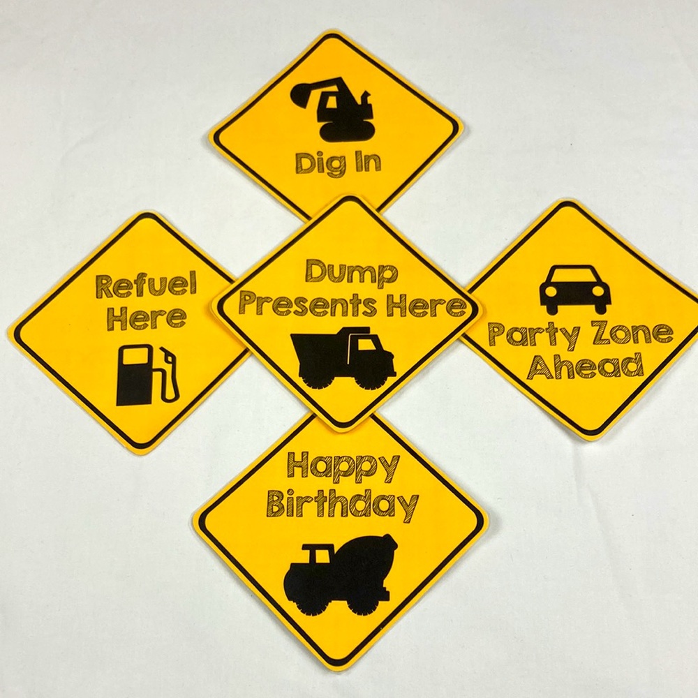 COPY - Five laminated construction themed birthday signs